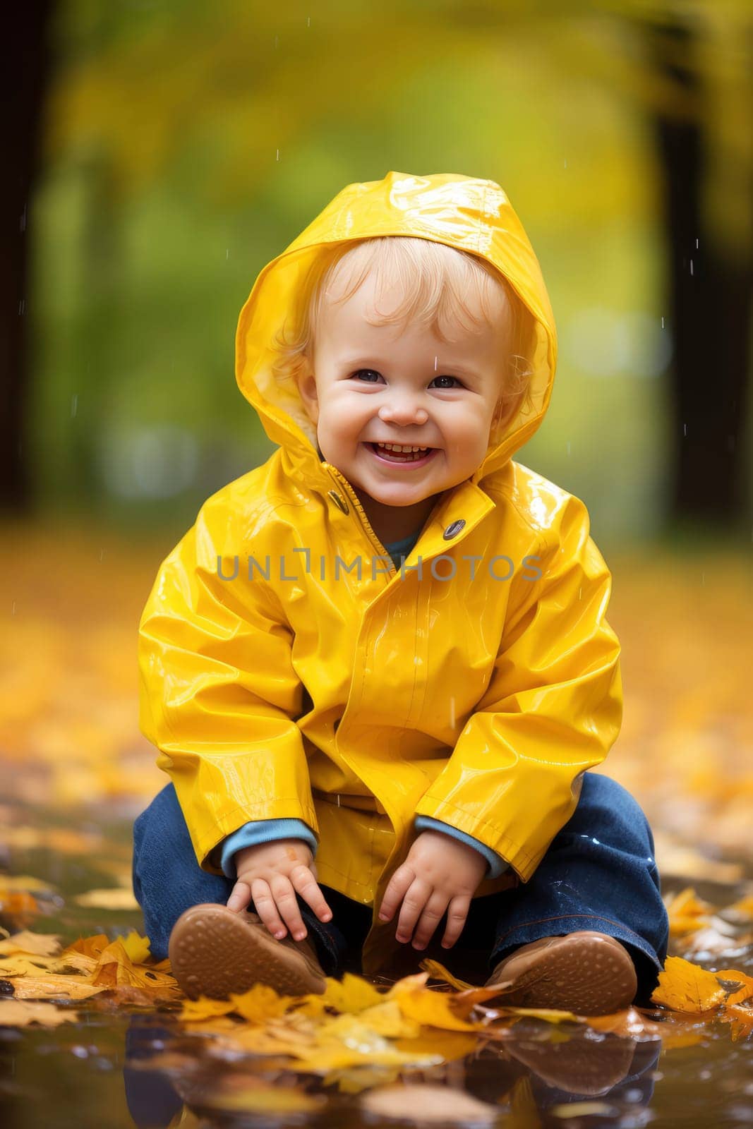 A baby wearing a bright yellow raincoat sits on the ground, observing their surroundings.
