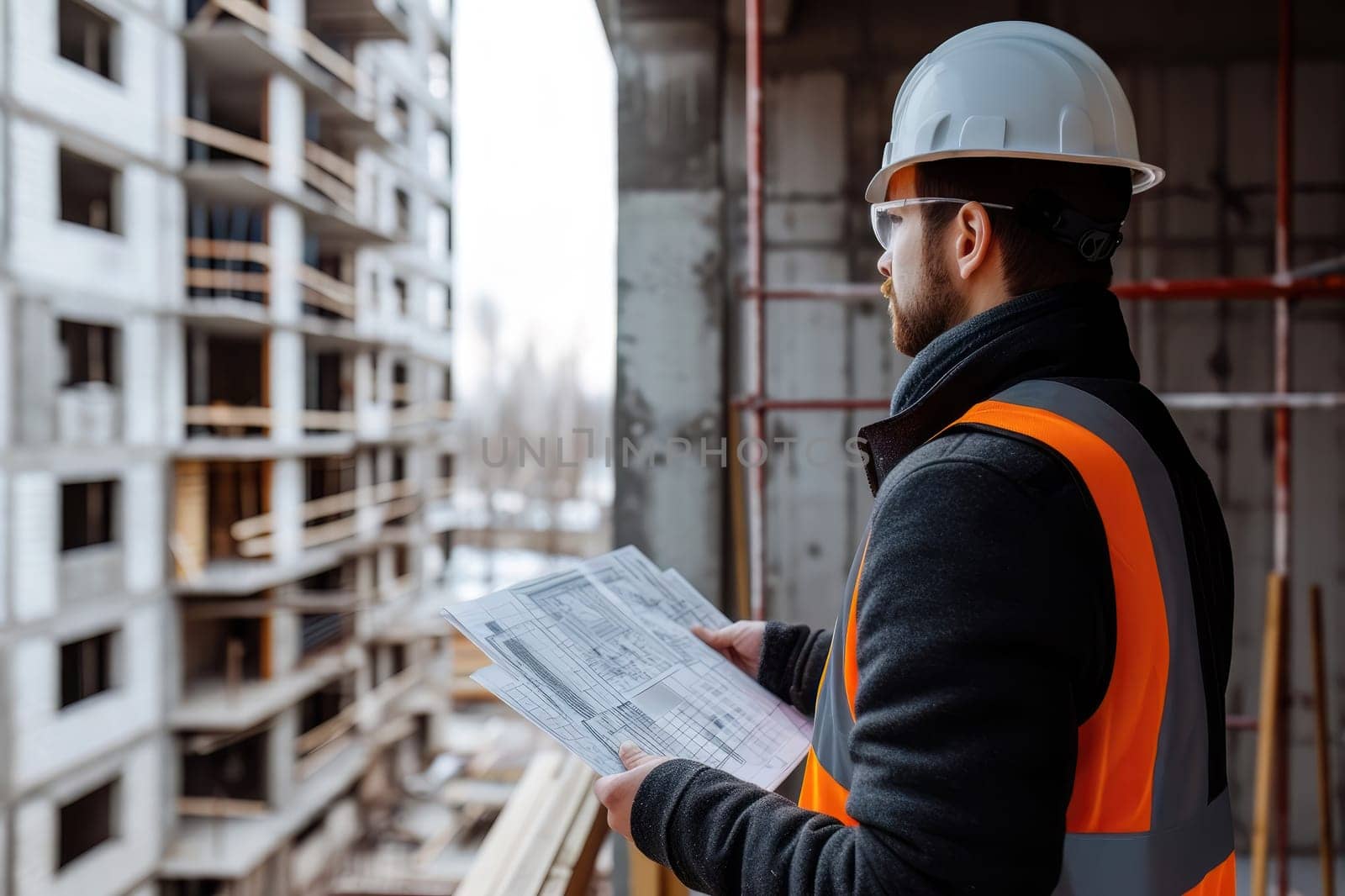 Architect holding construction plan on a building site