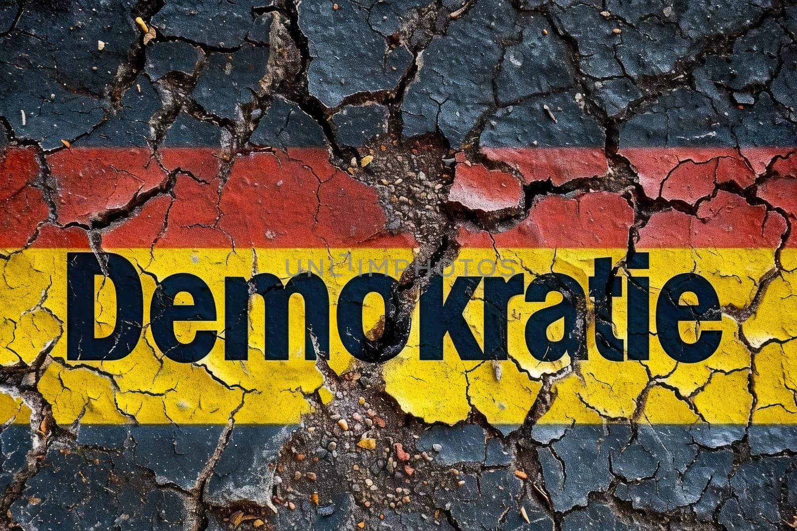 Symbol image of Eroded democracy. German text "Demokratie"" with cracked earth"