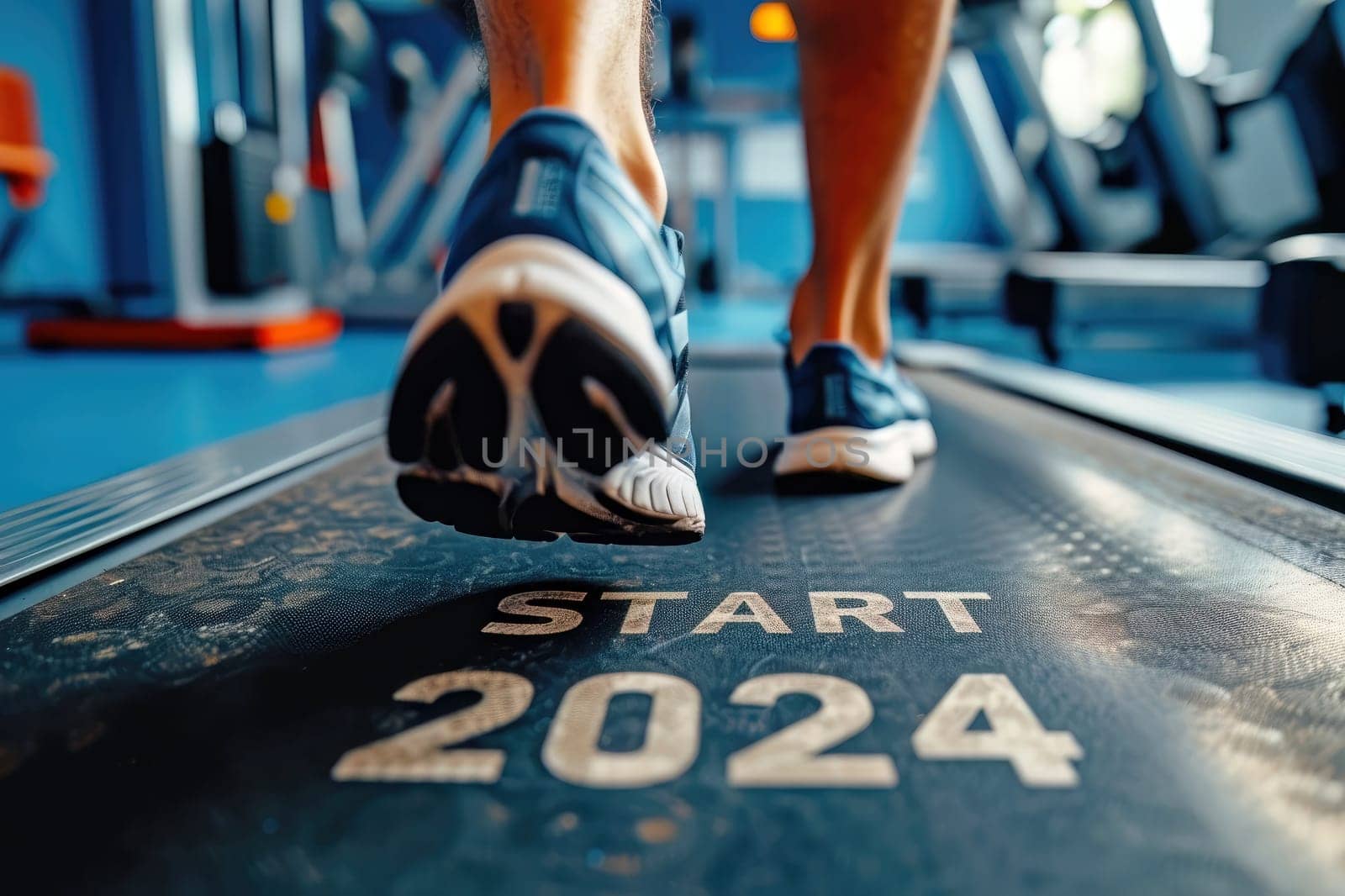 Person running on a treadmil in gym with text Start 2024