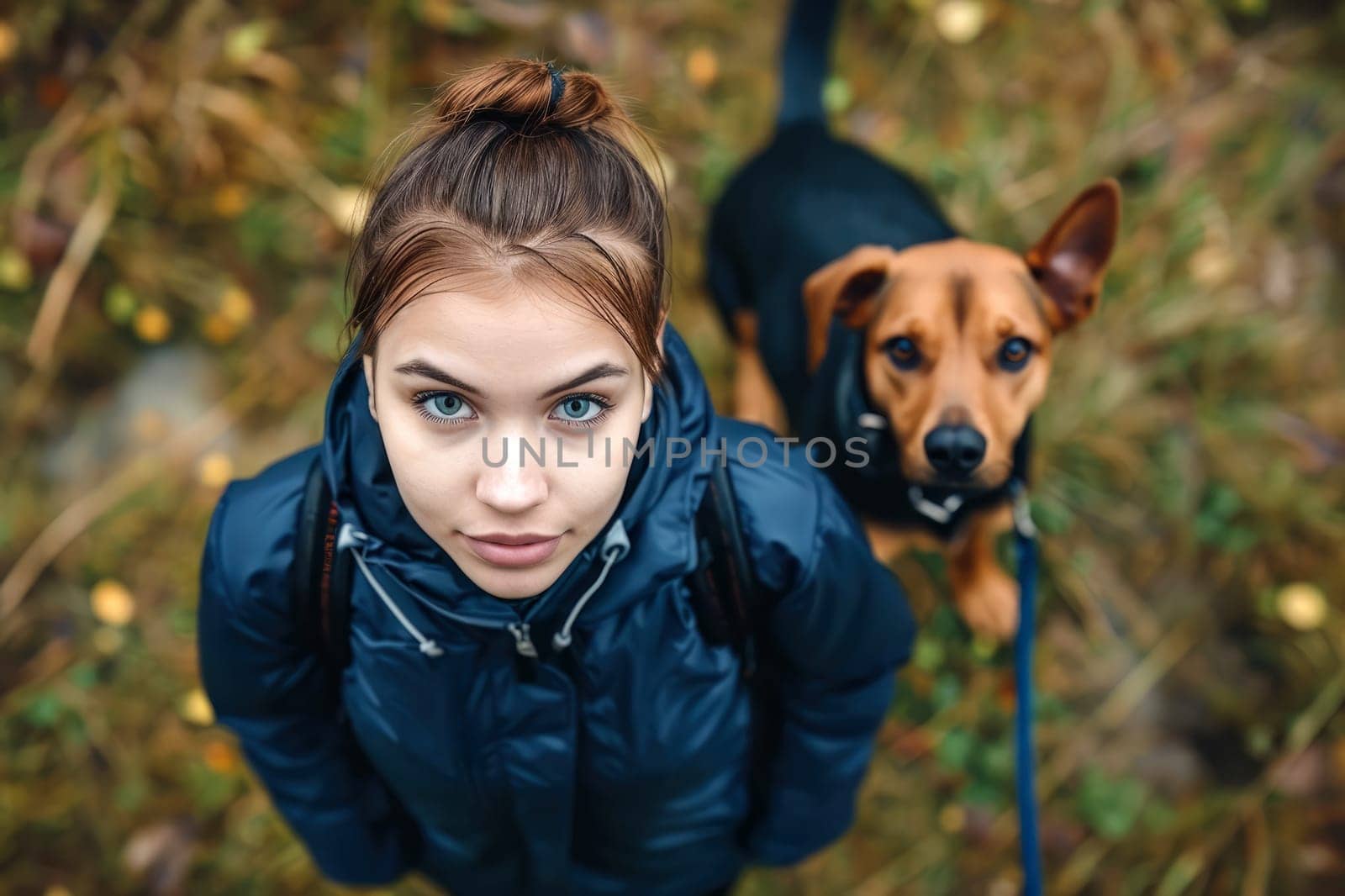 Young woman in a blue rain jacket walking a dog in a forest