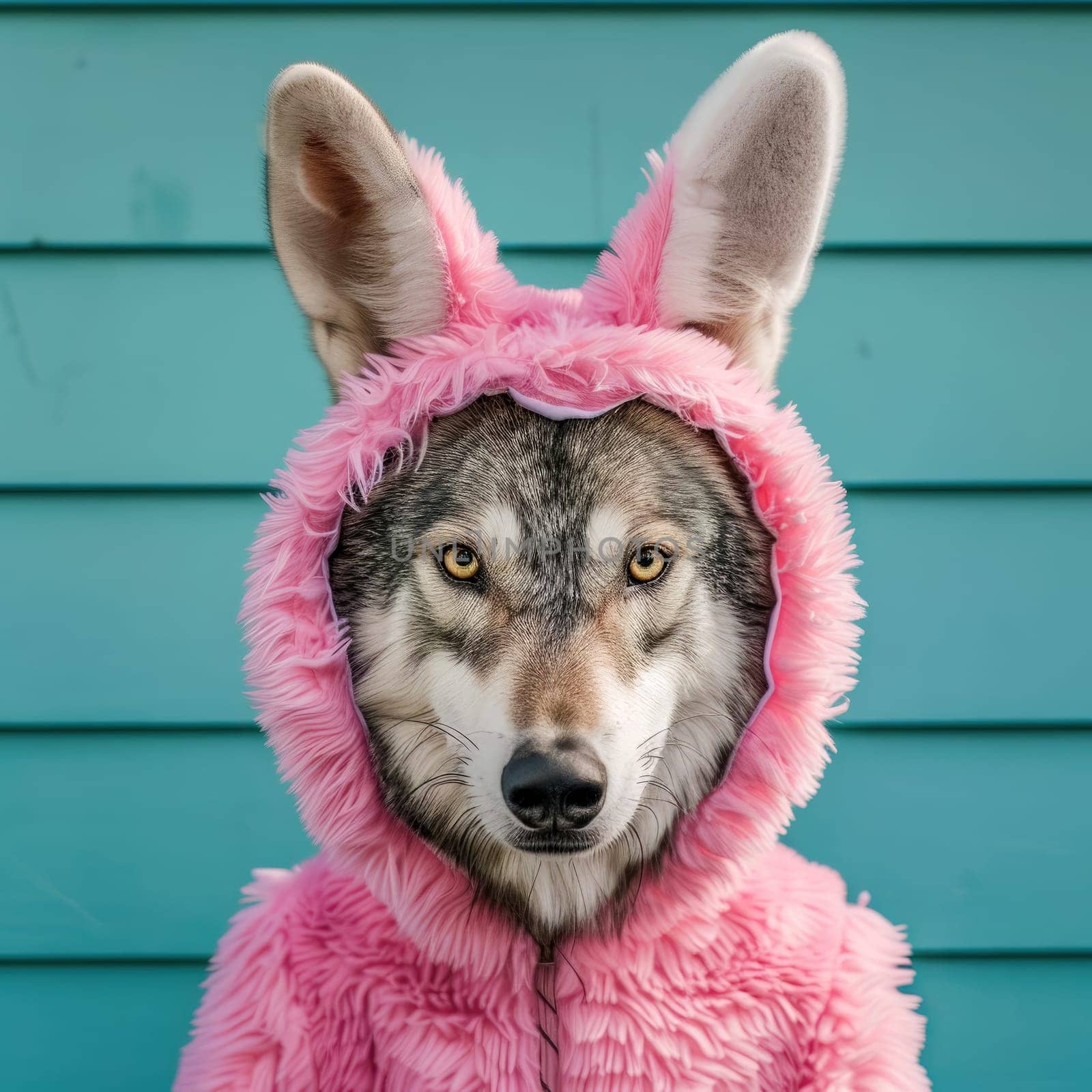 Funny image of wolf in a pink easter bunny costume