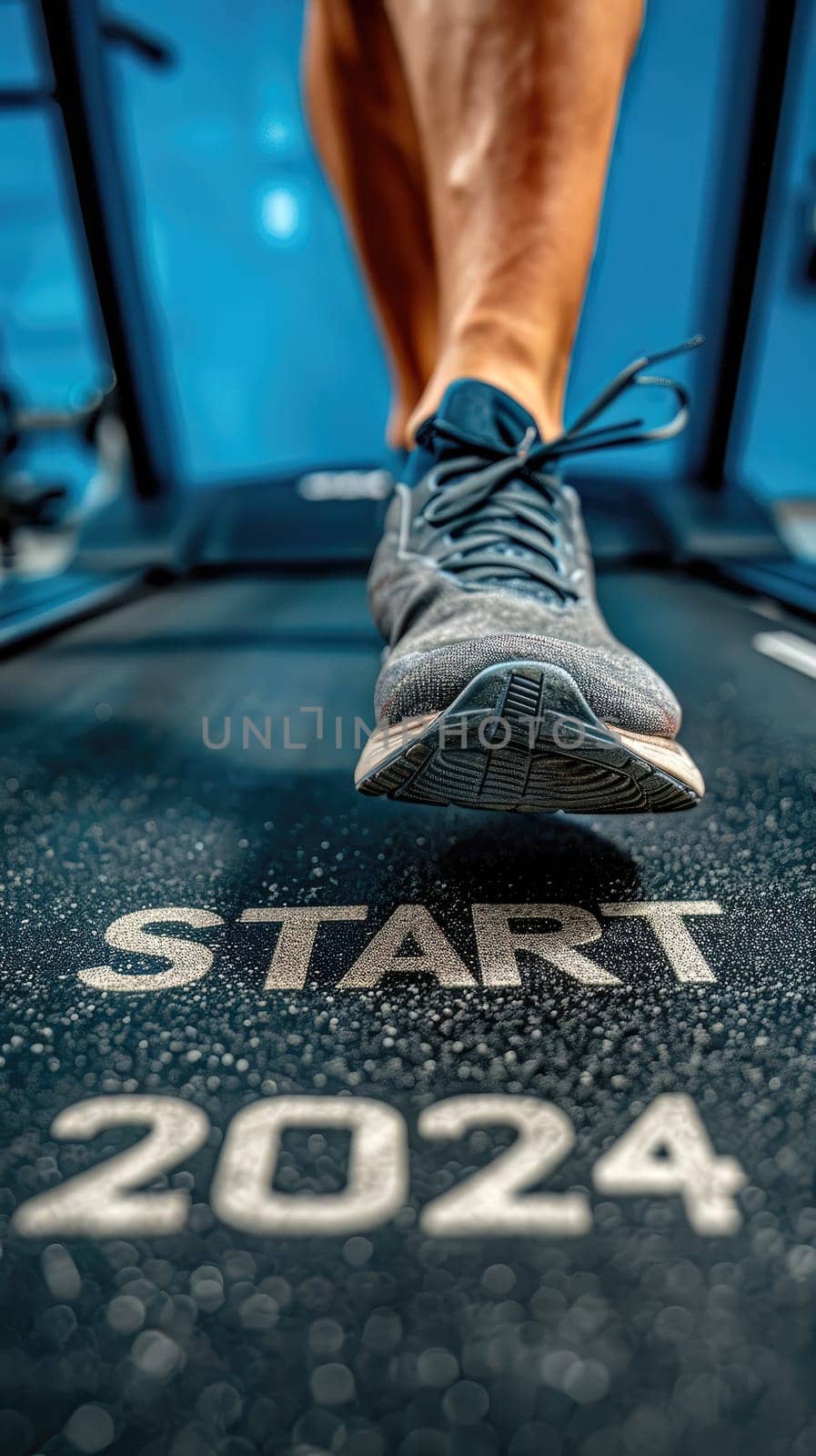 Person running on a treadmil in gym with text Start 2024