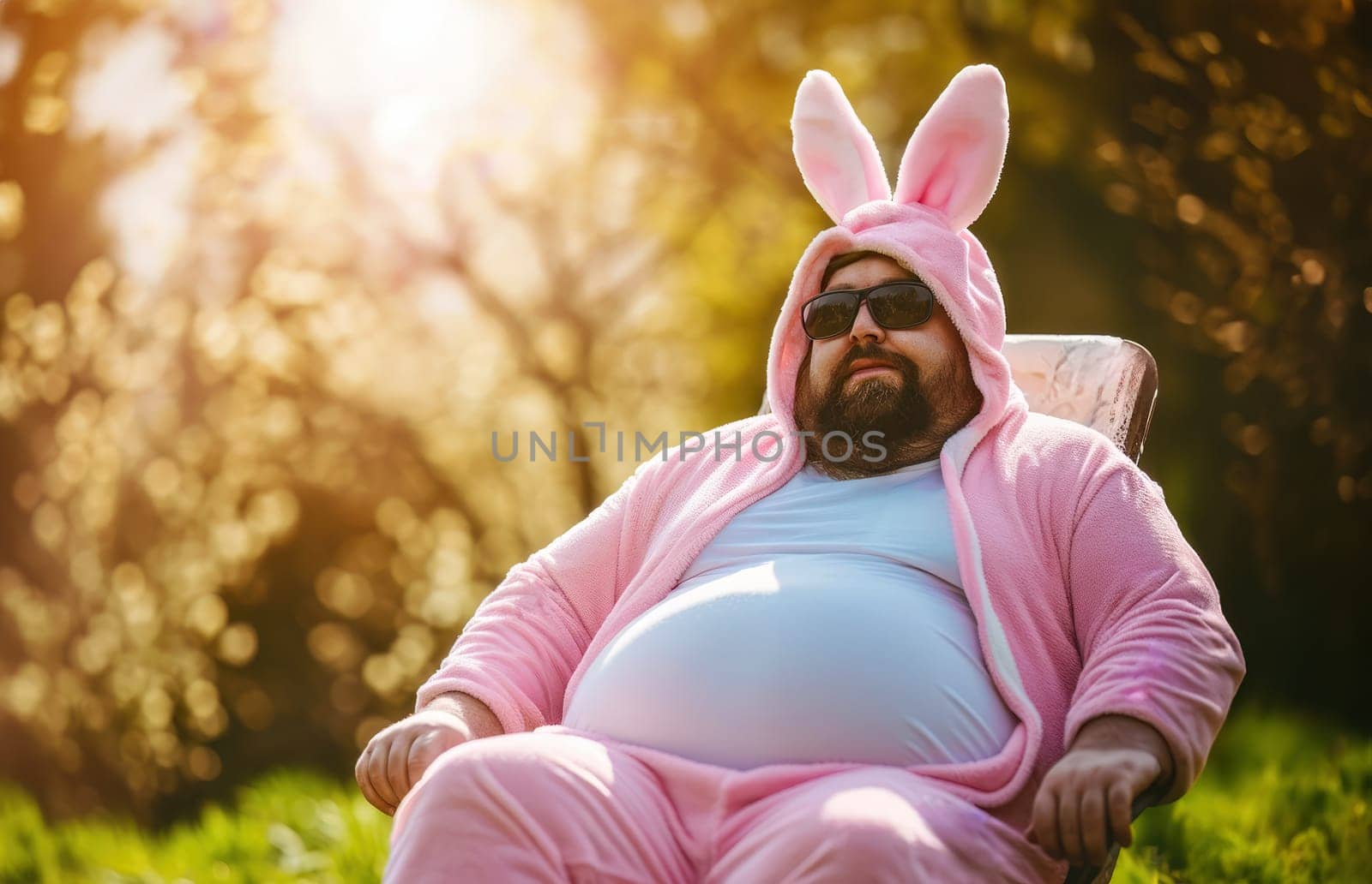 Cool over weight man in a funny easter bunny costume sitting in a chair in garden