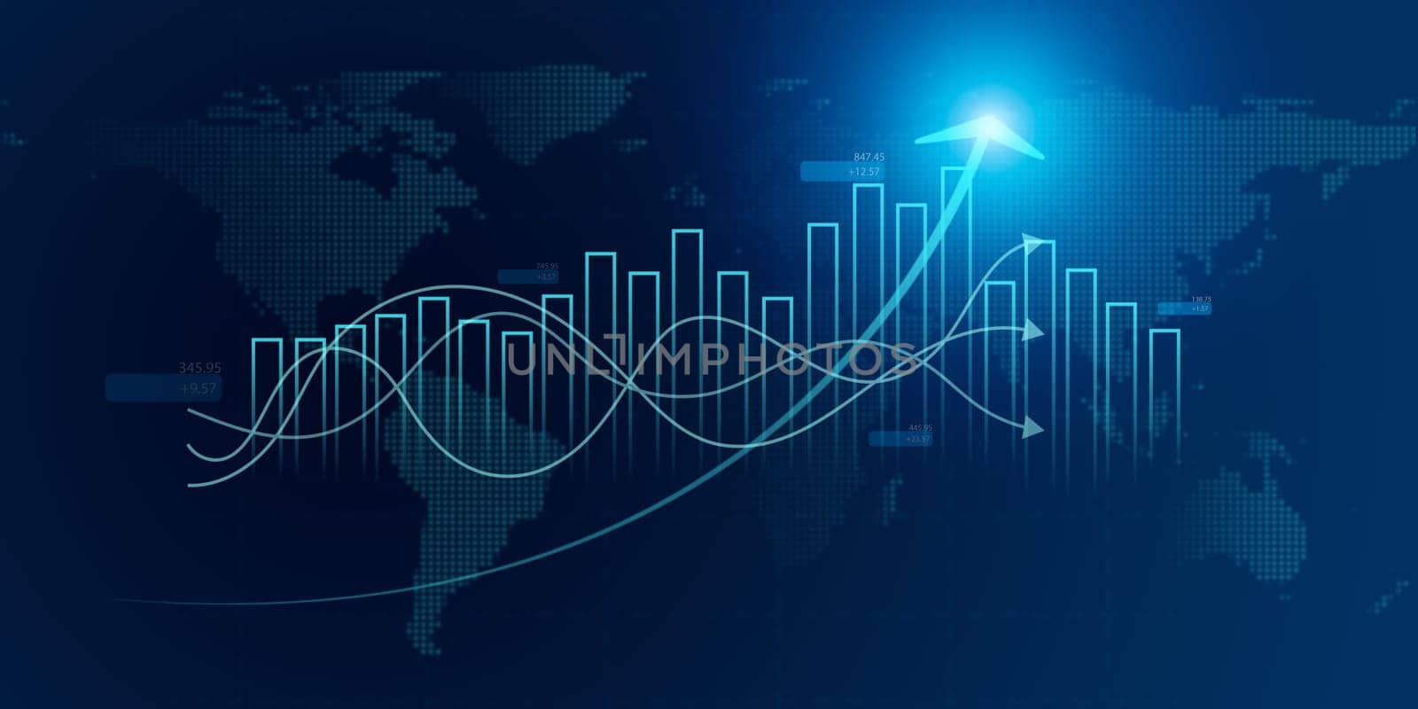 Business growth arrow up digital on blue dark background, investment graph technology circuit to success, financial data technology strategy, market chart profit money, abstract finance background