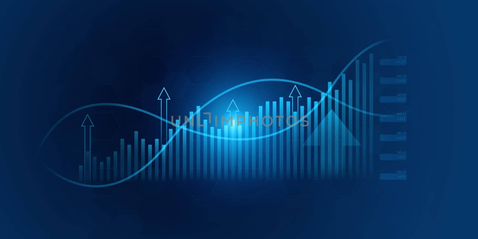 Business growth arrow up digital on blue dark background, investment graph technology circuit to success, financial data technology strategy, market chart profit money, abstract finance background