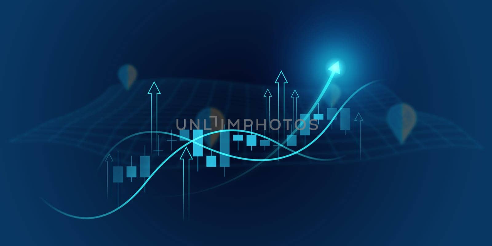 Business growth arrow up digital on blue dark background, investment graph technology circuit to success, financial data technology strategy, market chart profit money, abstract finance background