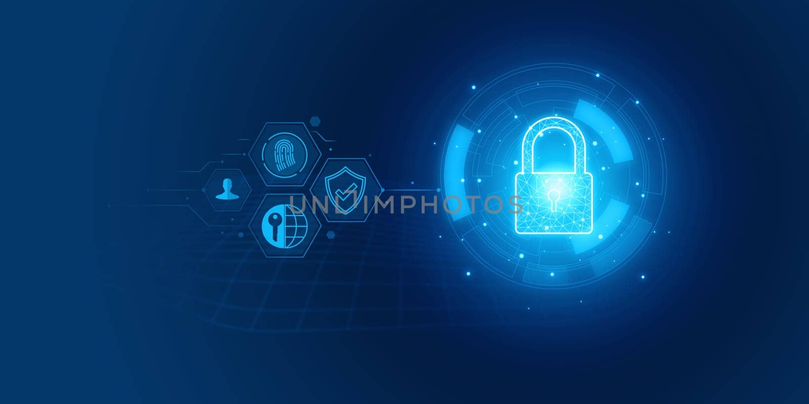 Futuristic blue shield ethics and Security abstract technology background. Artificial intelligence digital transformation and Business quantum internet network communication and Antivirus.