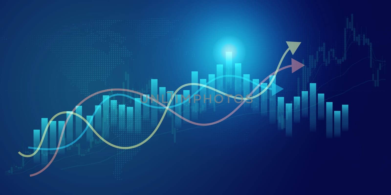 Business growth arrow up digital on blue dark background, investment graph technology circuit to success, financial data technology strategy, market chart profit money, abstract finance background