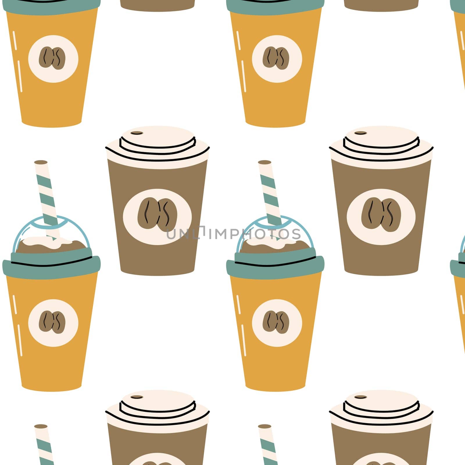 Coffee beverage seamless pattern in different cups. Vector illustration can used for kitchen textile, wrapping paper, cafe wallpaper, poster.