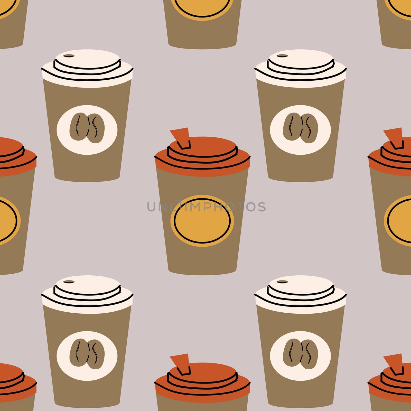 Coffee in paper cup seamless pattern. Vector illustration can used for kitchen textile, wrapping paper, cafe wallpaper, poster.