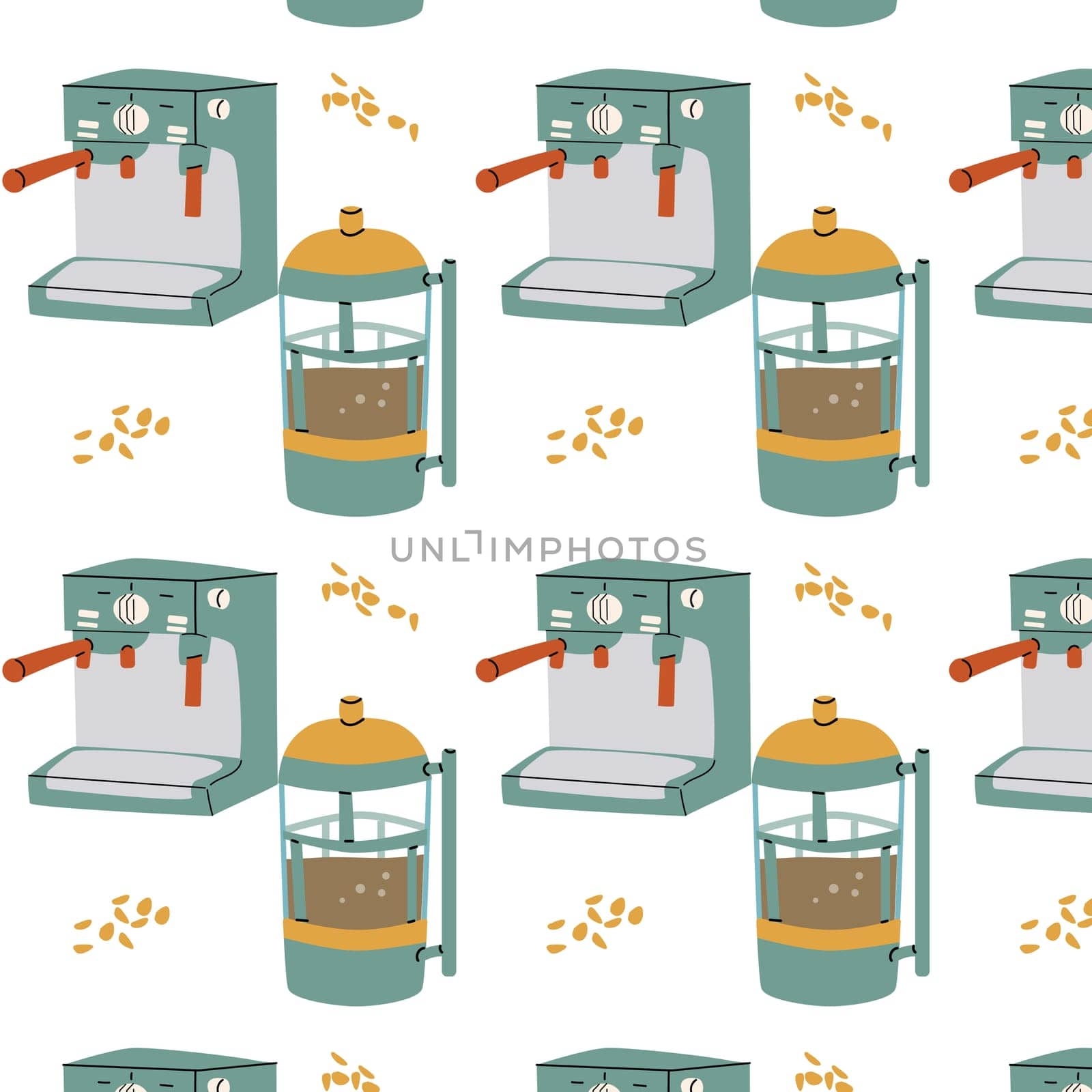 Seamless pattern with coffee pots and machine in cartoon style. Coffee machine and geyser coffee maker. Can used for kitchen textile, wrapping paper, poster.