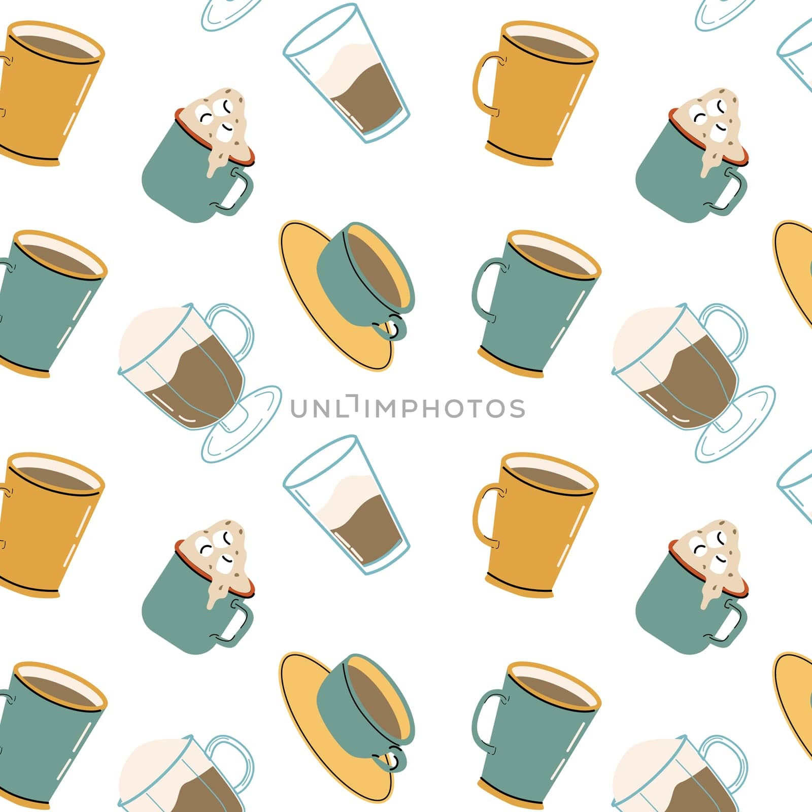 Coffee cups in various shapes seamless pattern. Vector illustration can used for kitchen textile, wrapping paper, cafe wallpaper, poster.