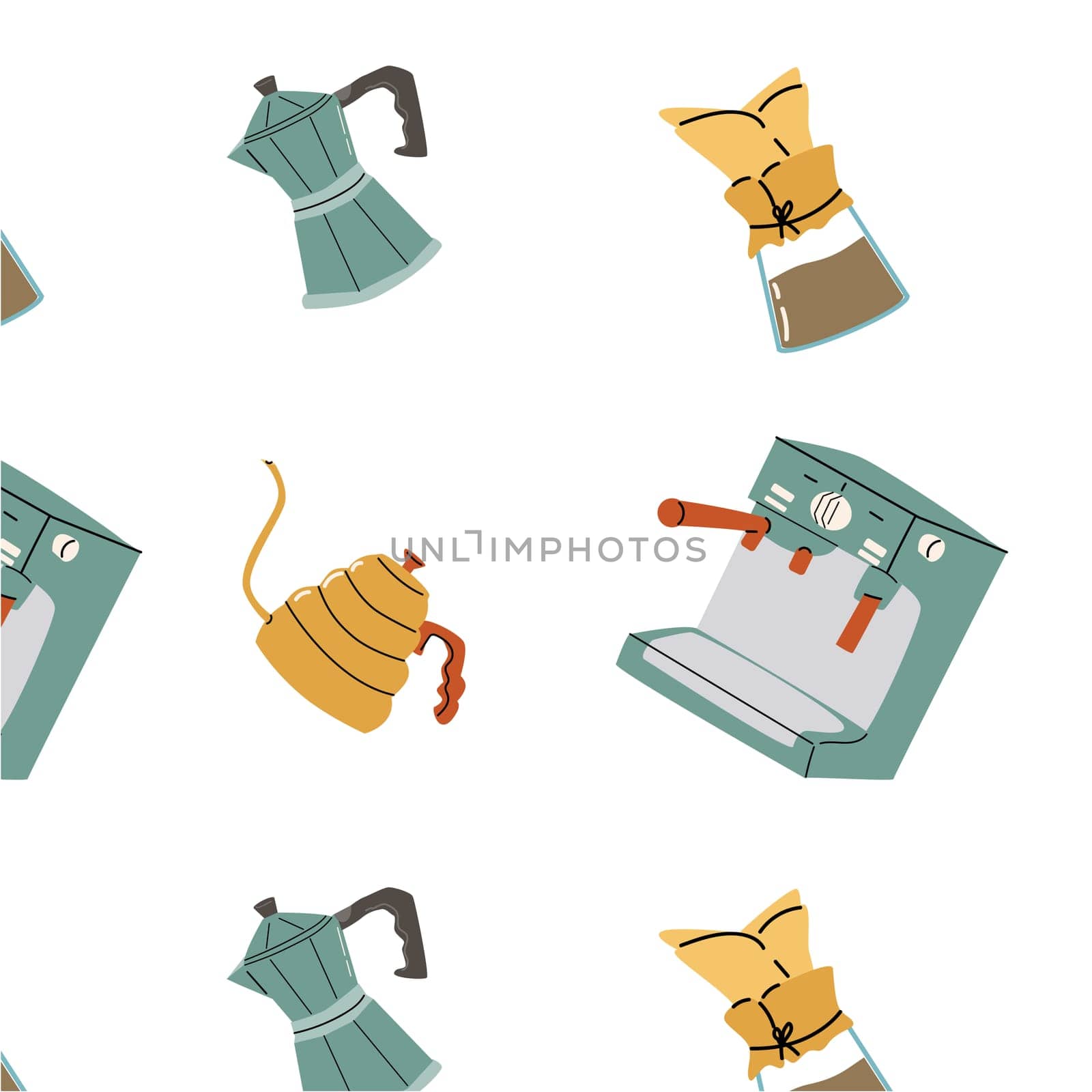 Seamless pattern with coffee pots and machine. Drip Coffee Brewing with filter seeping and kettle vector illustration. Can used for kitchen textile, wrapping paper, poster.