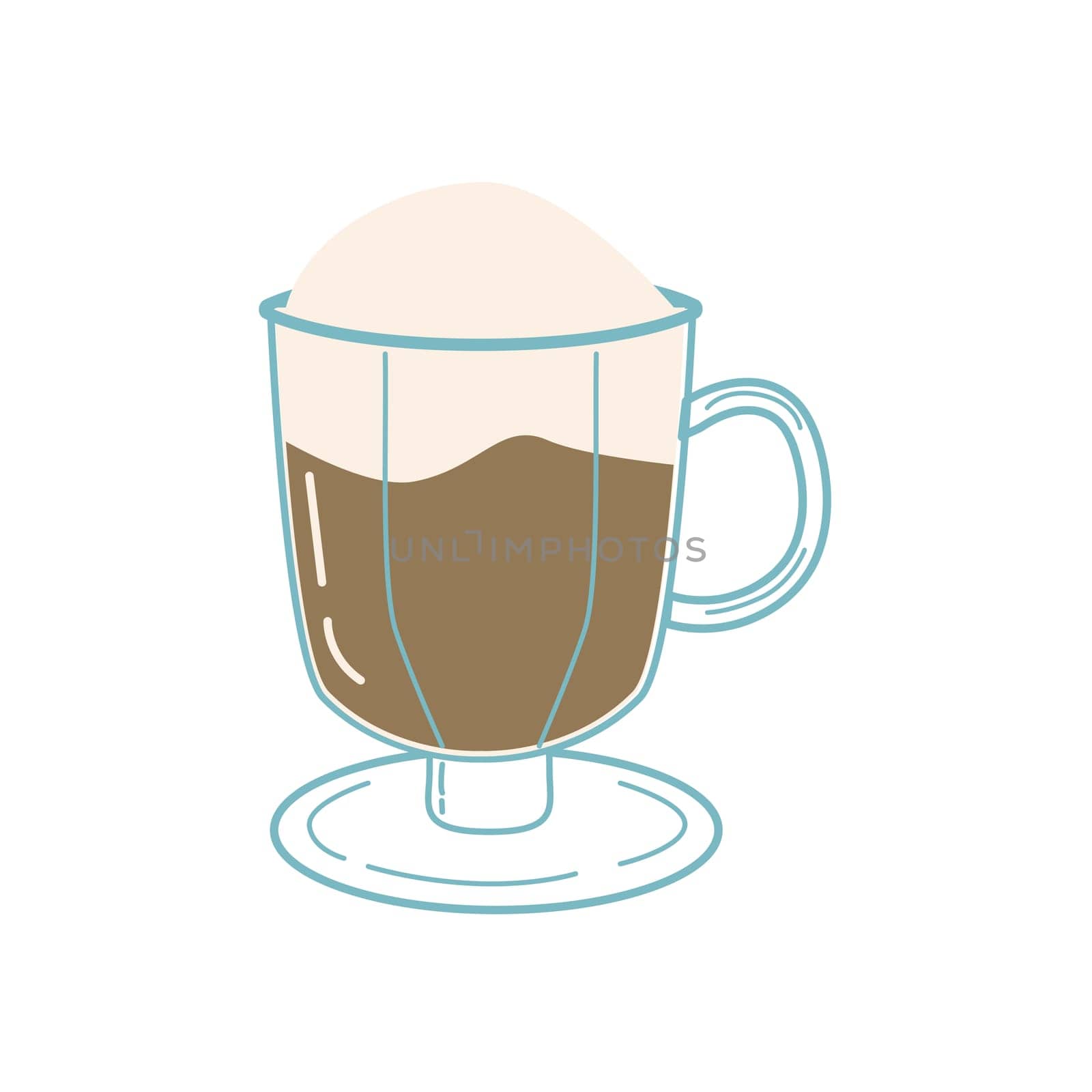 cup of coffee with foam, cold drink in cartoon hand drawn style. Vector illustration isolated