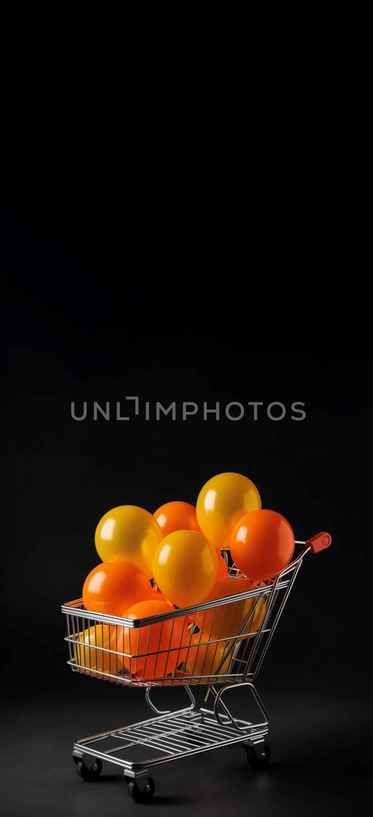 Supermarket cart yellow orange balloons banner. Mobile delivery grocery trolley golden. Generate Ai