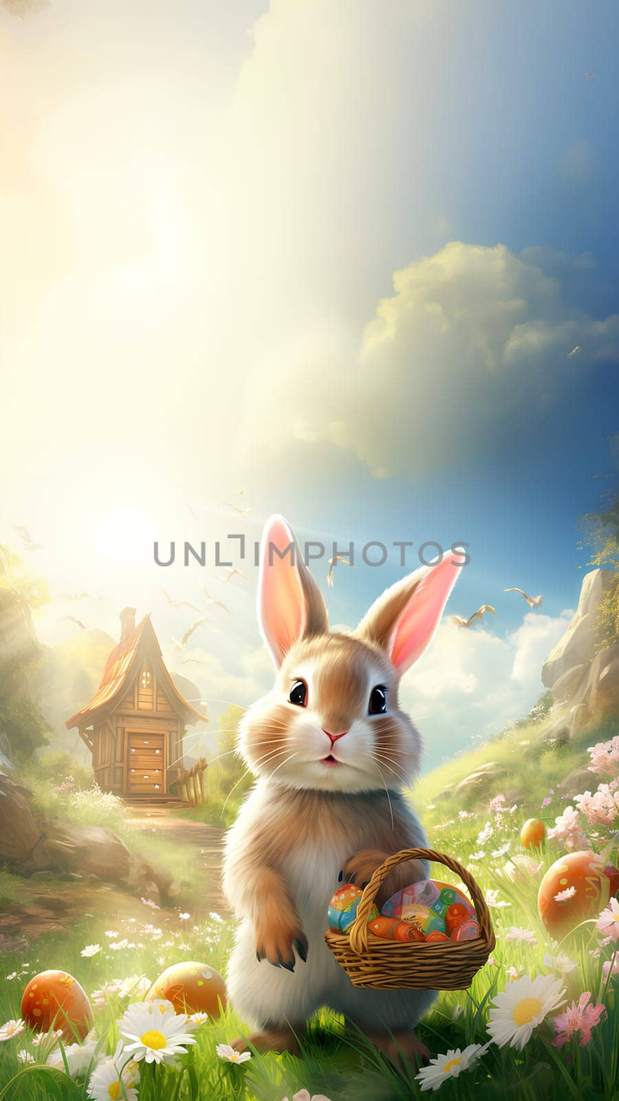 Bright and cheerful digital illustration of a cute rabbit and Easter eggs They are often used to decorate during Easter. Rabbit represents life, rebirth and abundance. Eggs represent life and rebirth.