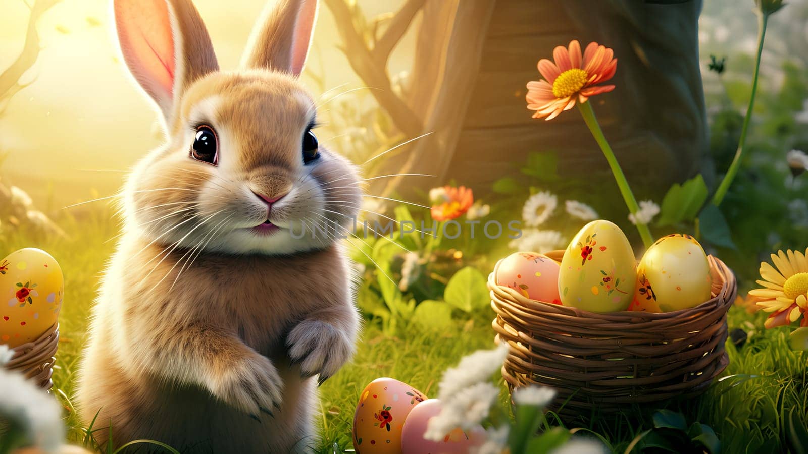 Bright and cheerful digital illustration of a cute rabbit and Easter eggs They are often used to decorate during Easter. Rabbit represents life, rebirth and abundance. Eggs represent life and rebirth.