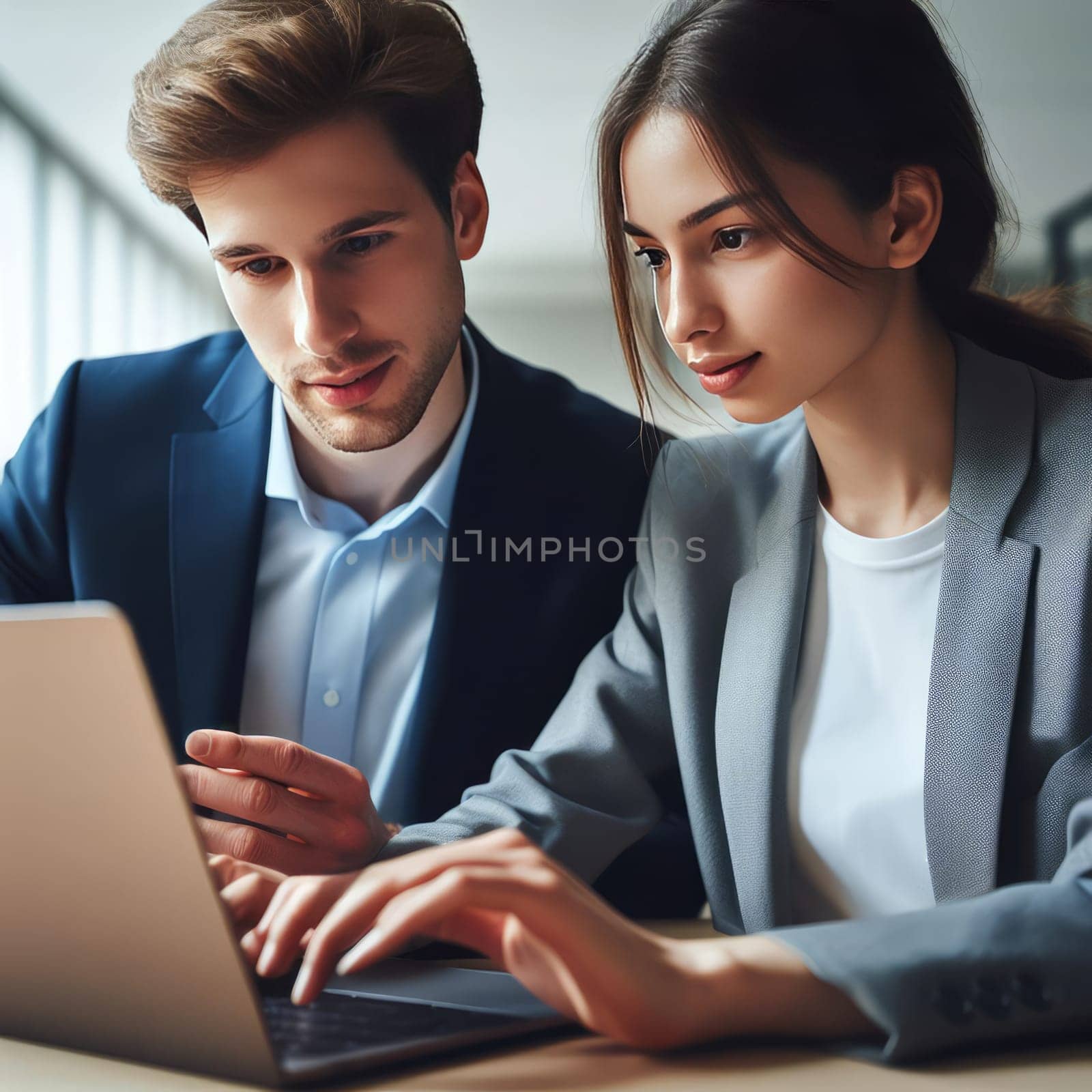 Two professionals in business attire collaborating on a laptop in an office setting