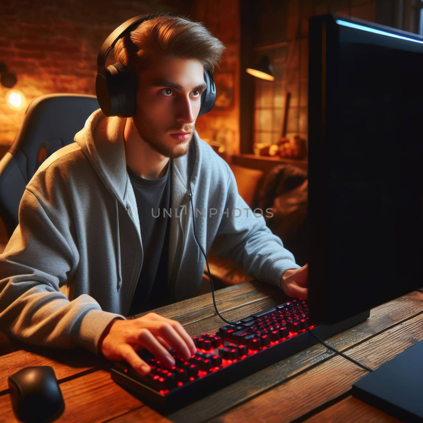 Person in a hoodie intensely focused on a glowing computer screen, hands on a red-lit keyboard