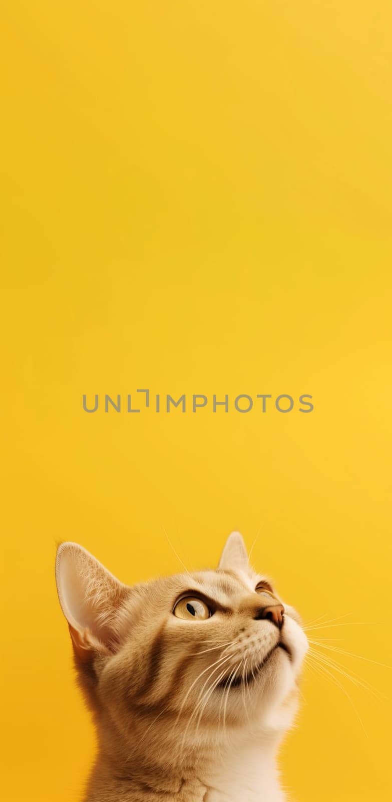 Cat looking up on yellow background banner. Cute fluffy animal kitten head. Generate ai