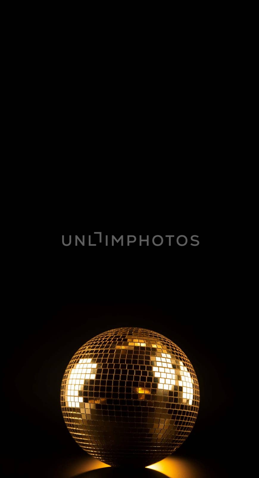 Golden disco ball on black background banner. Shiny glitter reflective night party sphere. Generate ai