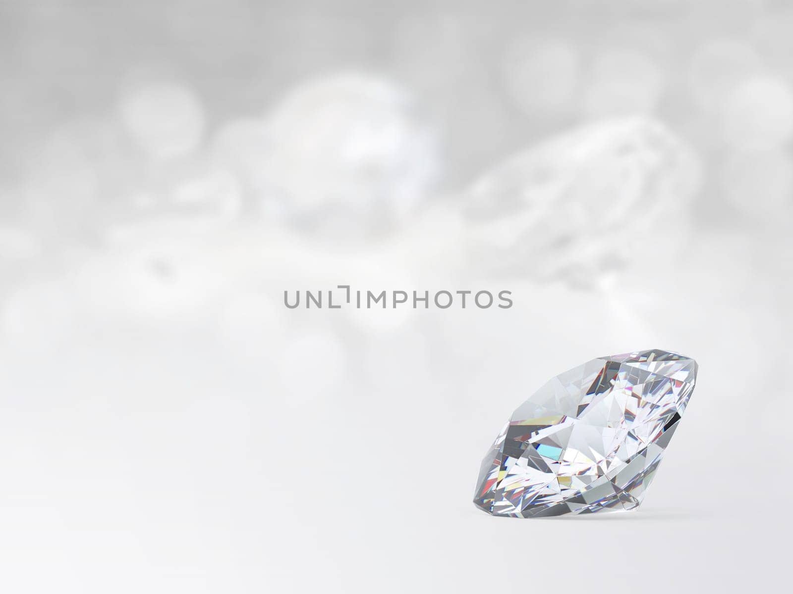 still with expensive cut diamonds in front of a white background, reflections on the ground. Lot of copyspace