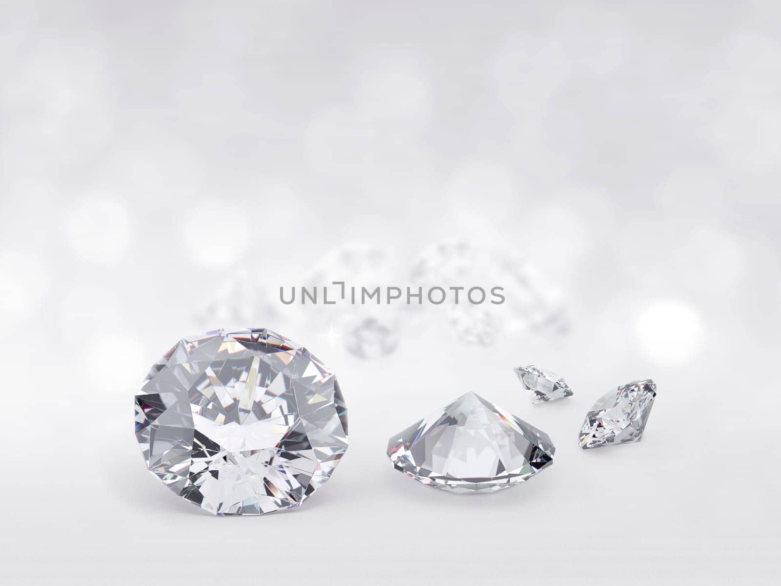still with expensive cut diamonds in front of a white background, reflections on the ground. Lot of copyspace