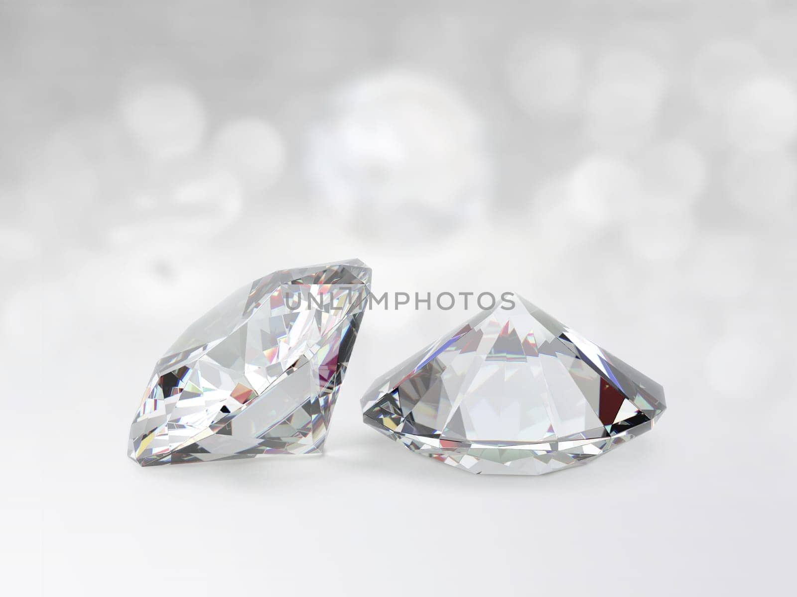 still with expensive cut diamonds in front of a white background, reflections on the ground. Lot of copyspace
