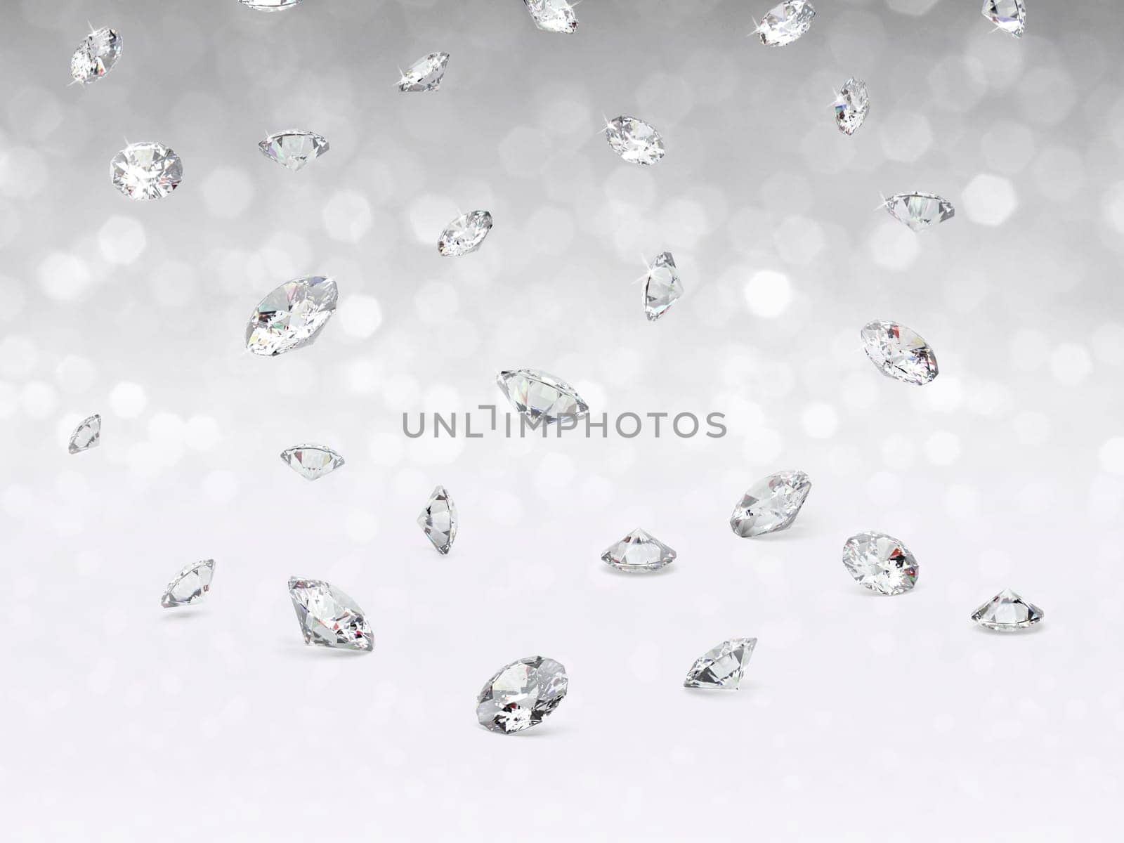 Dazzling diamond on white shining bokeh background. concept for chossing best diamond gem design