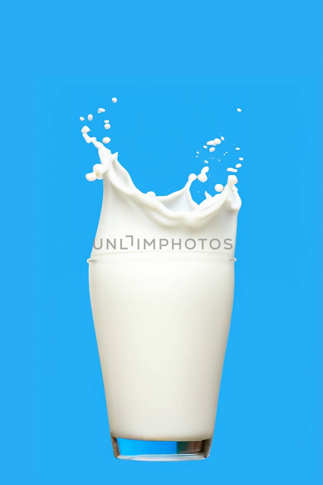 Glass of milk with splashes isolated on blue background