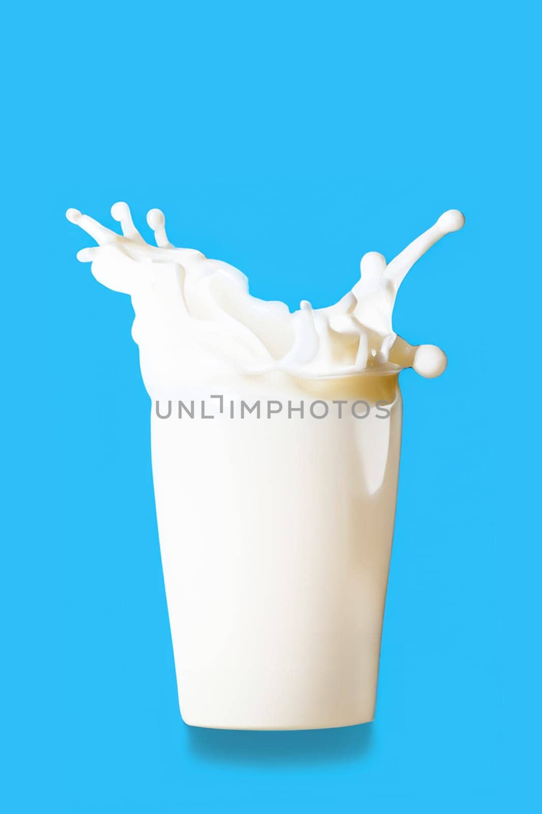 Glass of milk with splashes isolated on blue background