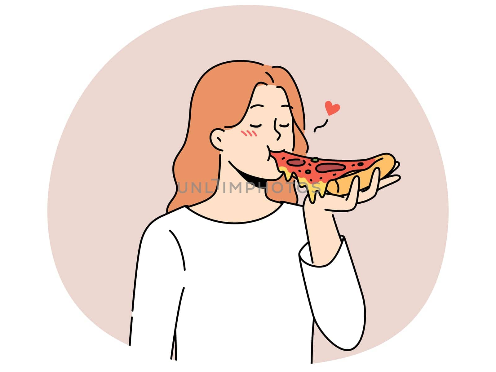 Happy woman eating delicious pizza. Smiling girl enjoy tasty Italian fast food. Traditional cuisine. Vector illustration.
