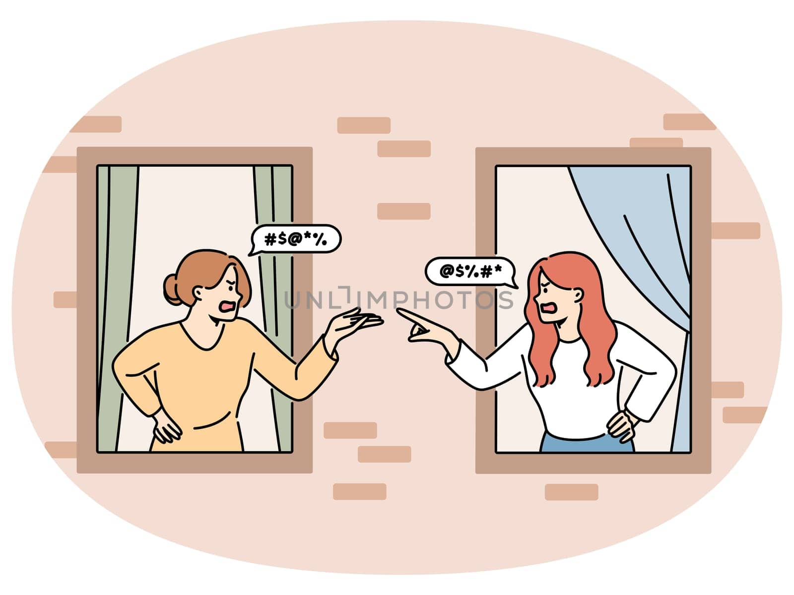 Angry women look out of house windows quarrelling. Furious female neighbors fight or argue living next doors. Vector illustration.
