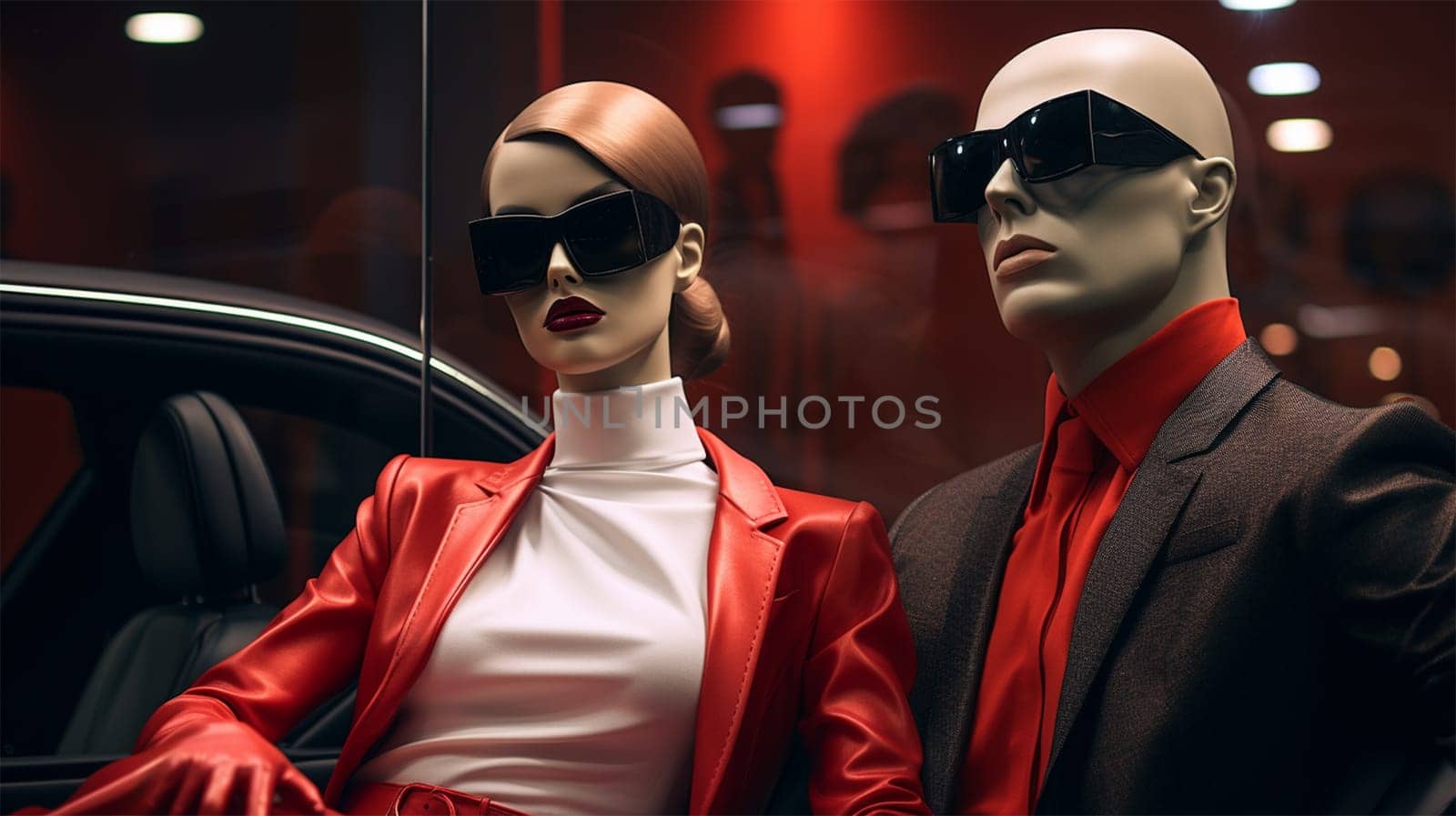 male and female stylish mannequins wearing sunglasses and bright red clothes near a car at a car exhibition