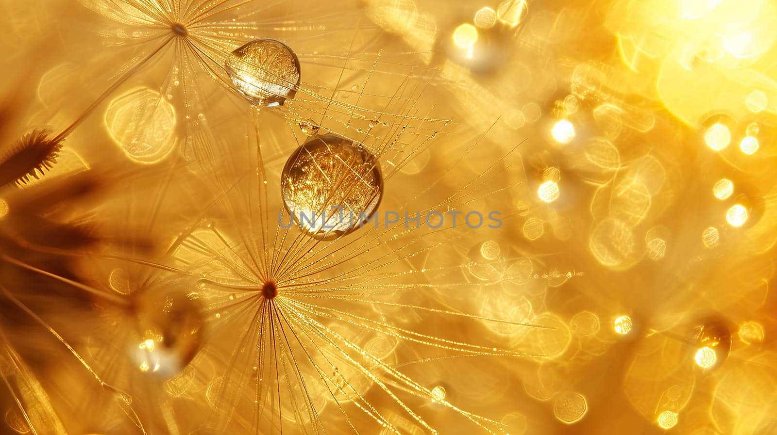 Water drops on a dandelion seed macro in nature in yellow and gold tones.Macro dandelion with dew drops.background