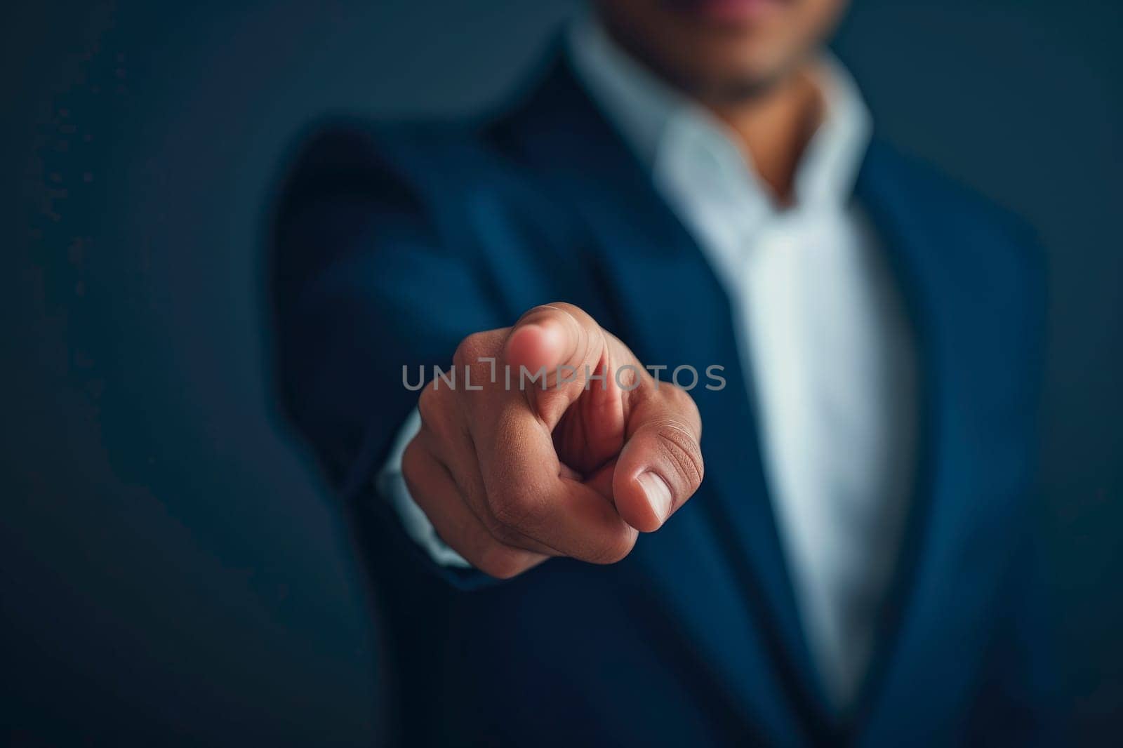 Businessman finger point to empty space,front view, close up. AI generated