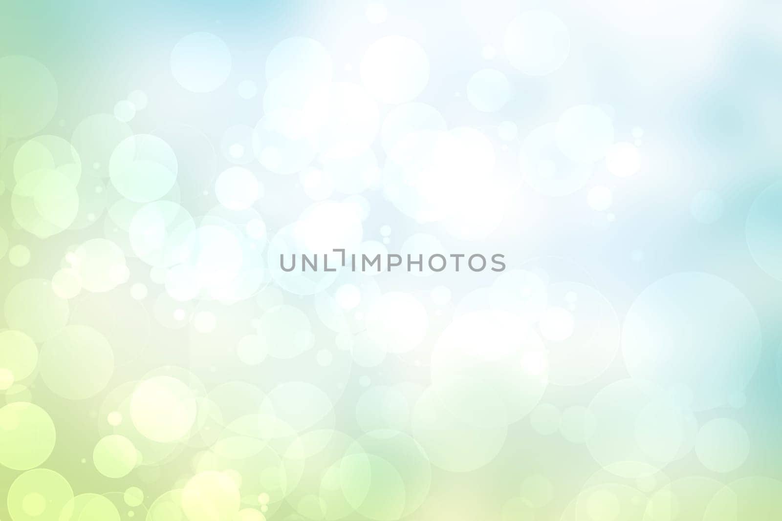 Abstract gradient light blue turquoise yellow green shiny blurred background texture with circular bokeh lights. Beautiful fresh backdrop. Space for design.