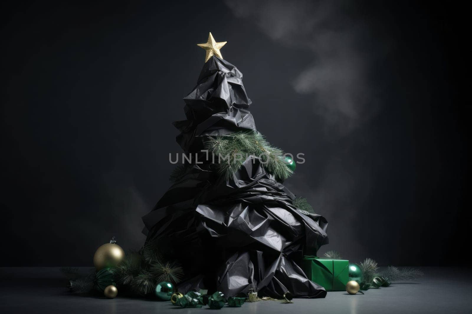 Waste Christmas tree. Ecological pollution impact after holiday festive season. Generate ai