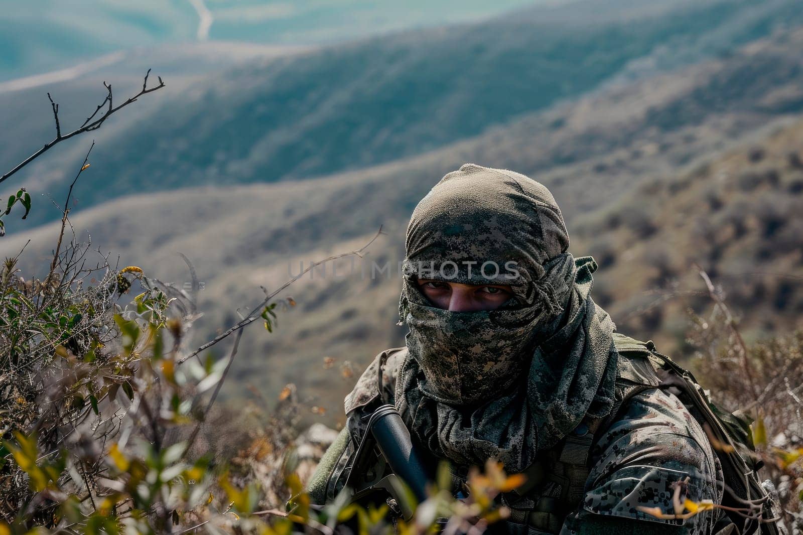 Special Forces Soldier action. Soldier with face mask and camouflage in a mountains area. AI generated