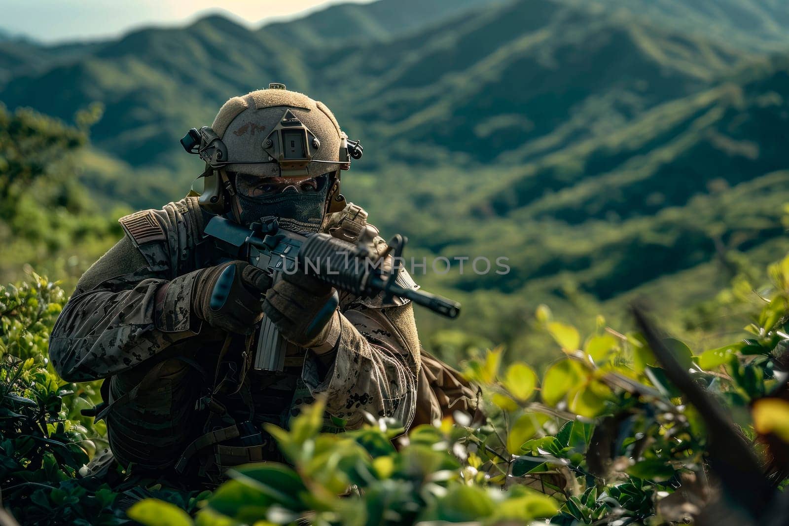 Special Forces Soldier action. Soldier with face mask and camouflage in a mountains area. AI generated