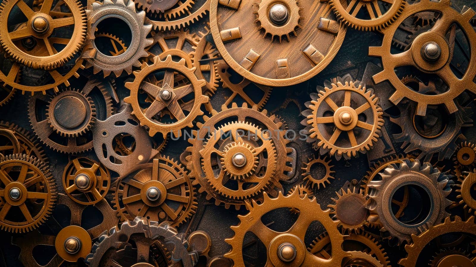 Close up of brass gears and cogwheels. Vintage gears macro view. Aged mechanical wheels background. AI generated