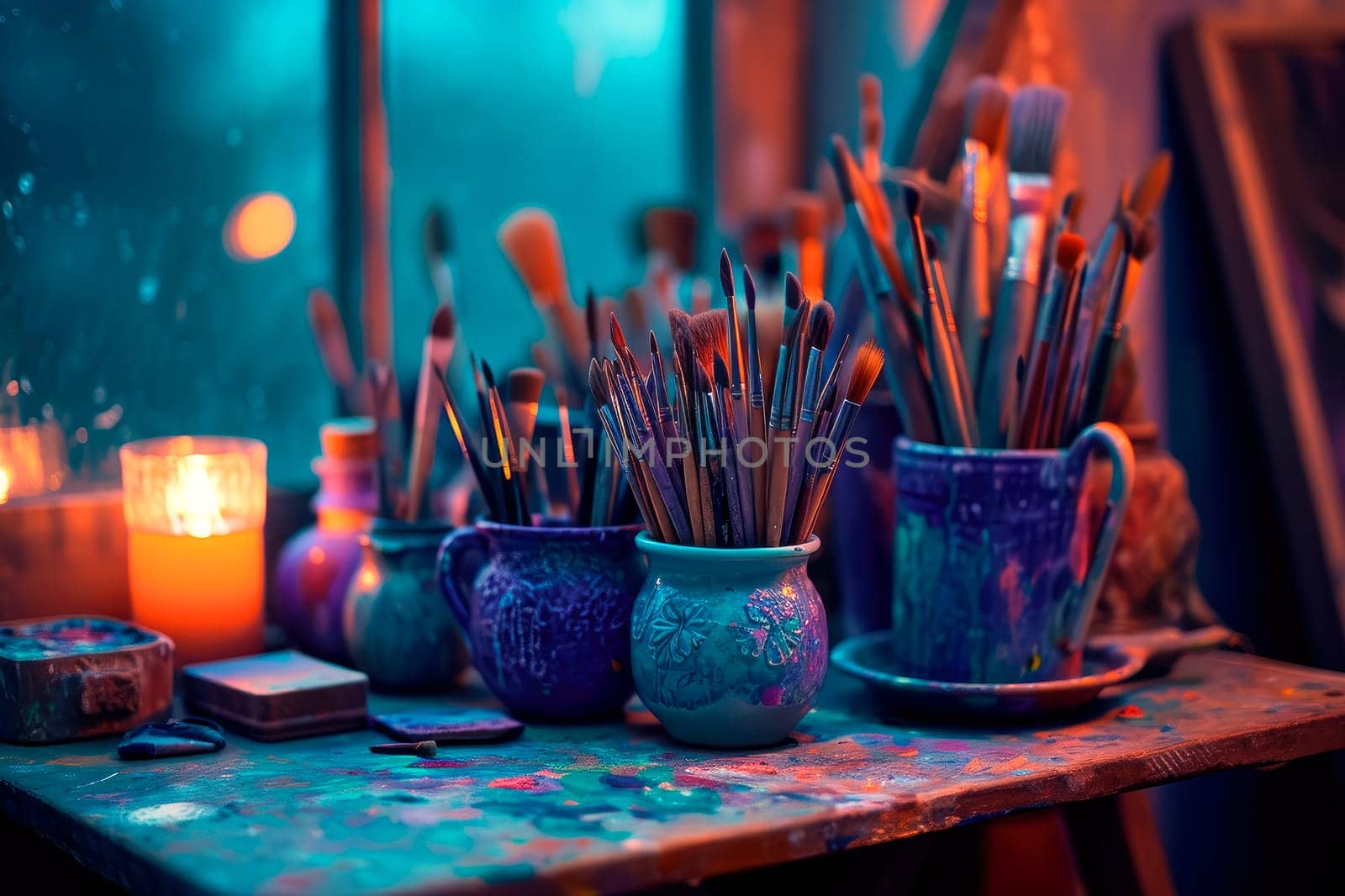 Old ceramic mugs full of many paintbrushes of all size. Artist table at dark workshop. AI generated