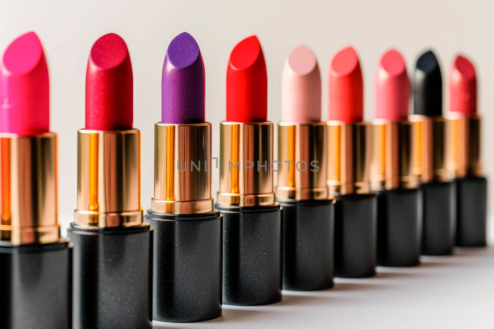 Set of lipsticks in colorful tones in a row, close up view. AI generated