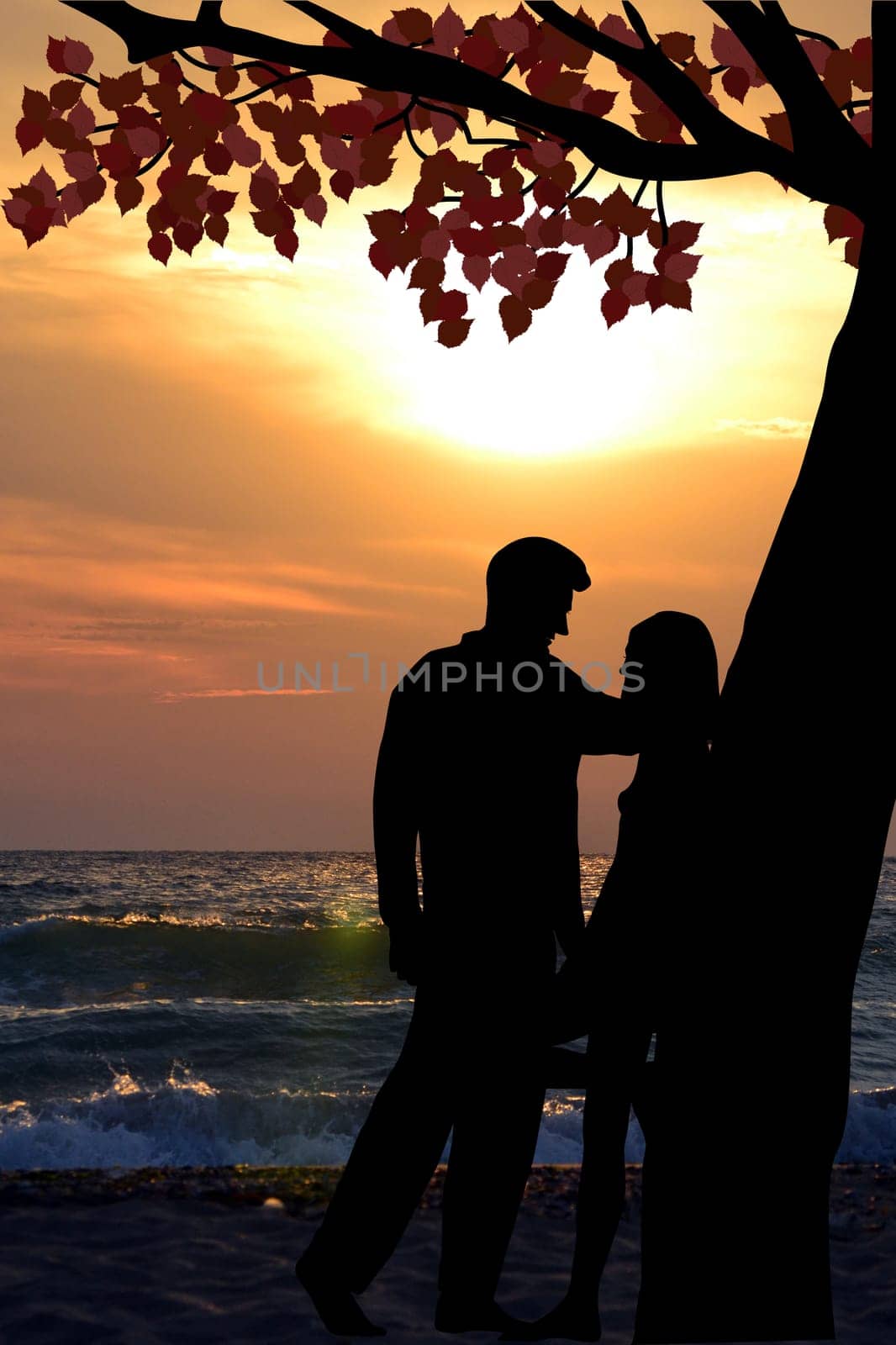 Couple lovers silhouette under a tree leaning against the tree trunk at the seashore at sunset