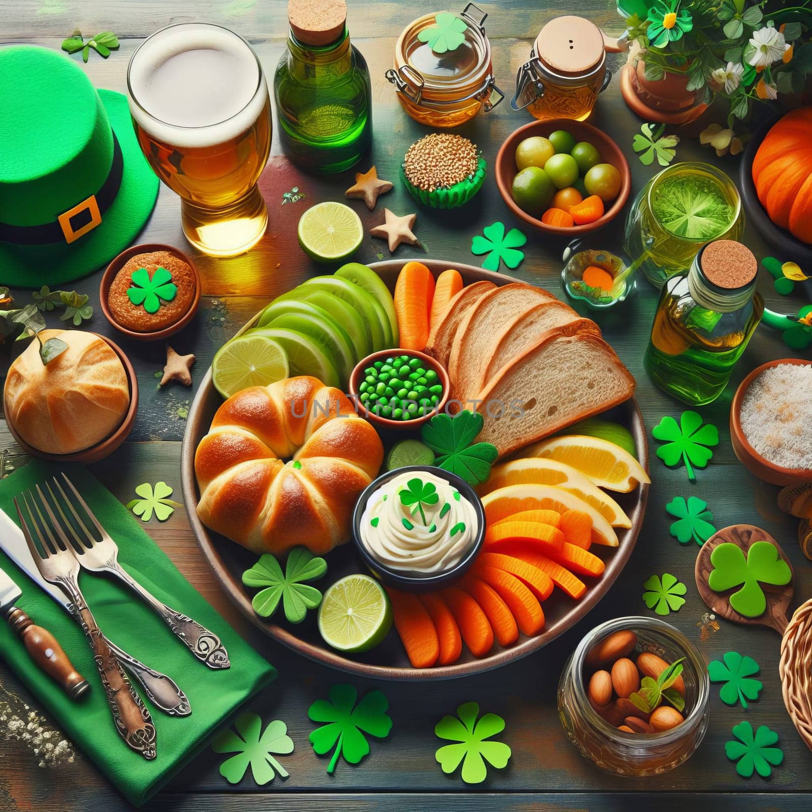 A festive St. Patrick s Day feast with beer, a green hat, and a colorful spread of food on a wooden table