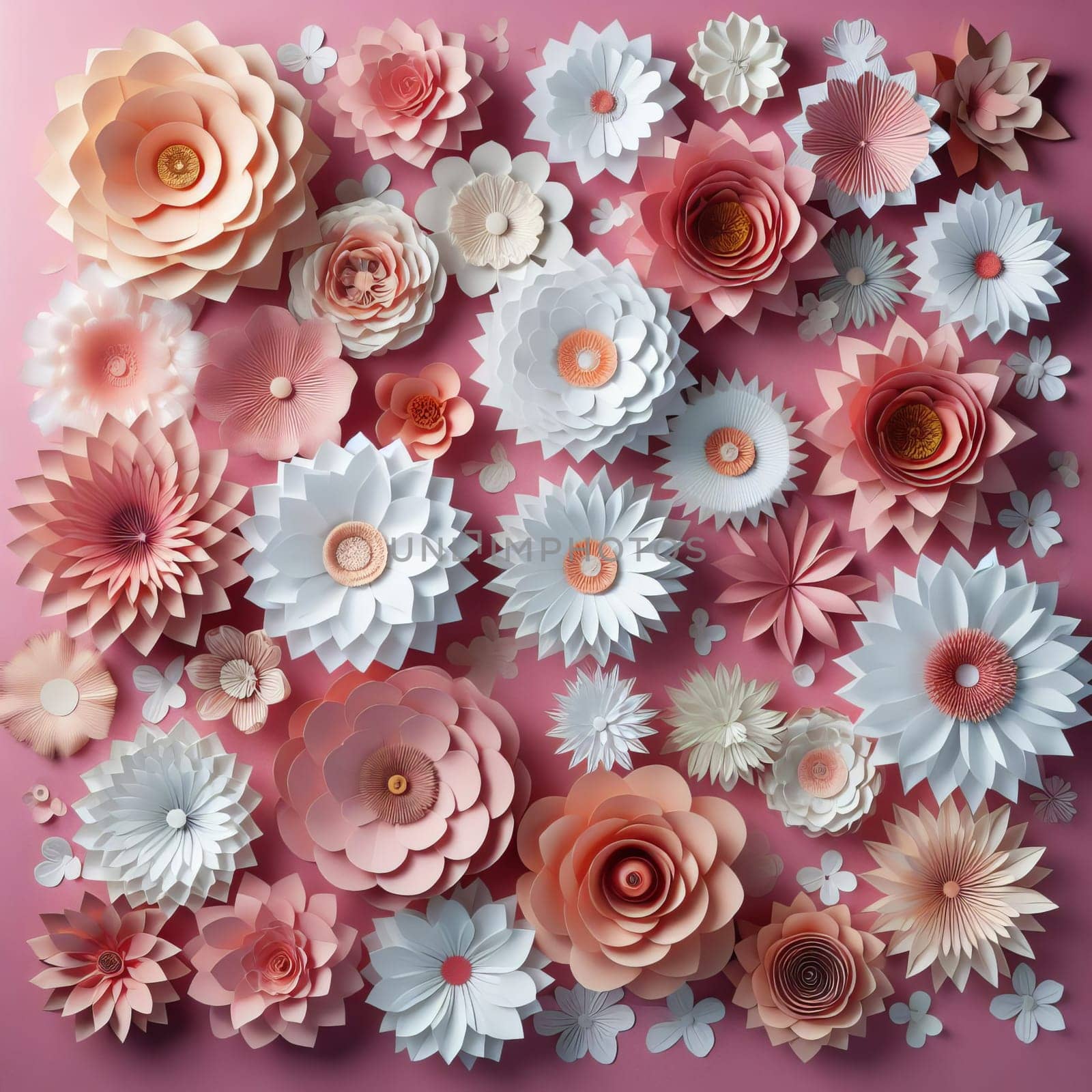 A vibrant collection of paper flowers in various shades of pink and white, beautifully arranged on a pink background. It is perfect for wedding, event, or celebration decor