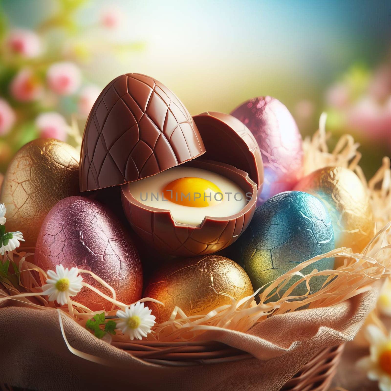 A festive and colorful spring scene of chocolate Easter eggs filled with cream, nestled in straw, surrounded by flowers
