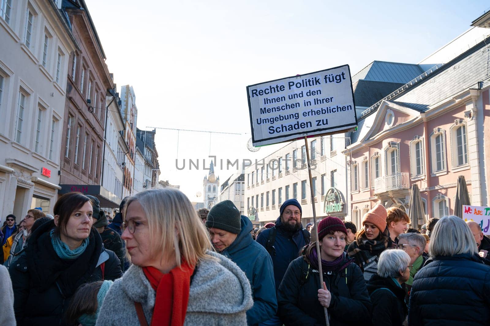 Protest against right wing AFD in Trier, Germany, 28.01.2024, demonstration for human rights, no discrimination and racism, diversity, humanitarian, multiethnic crowd