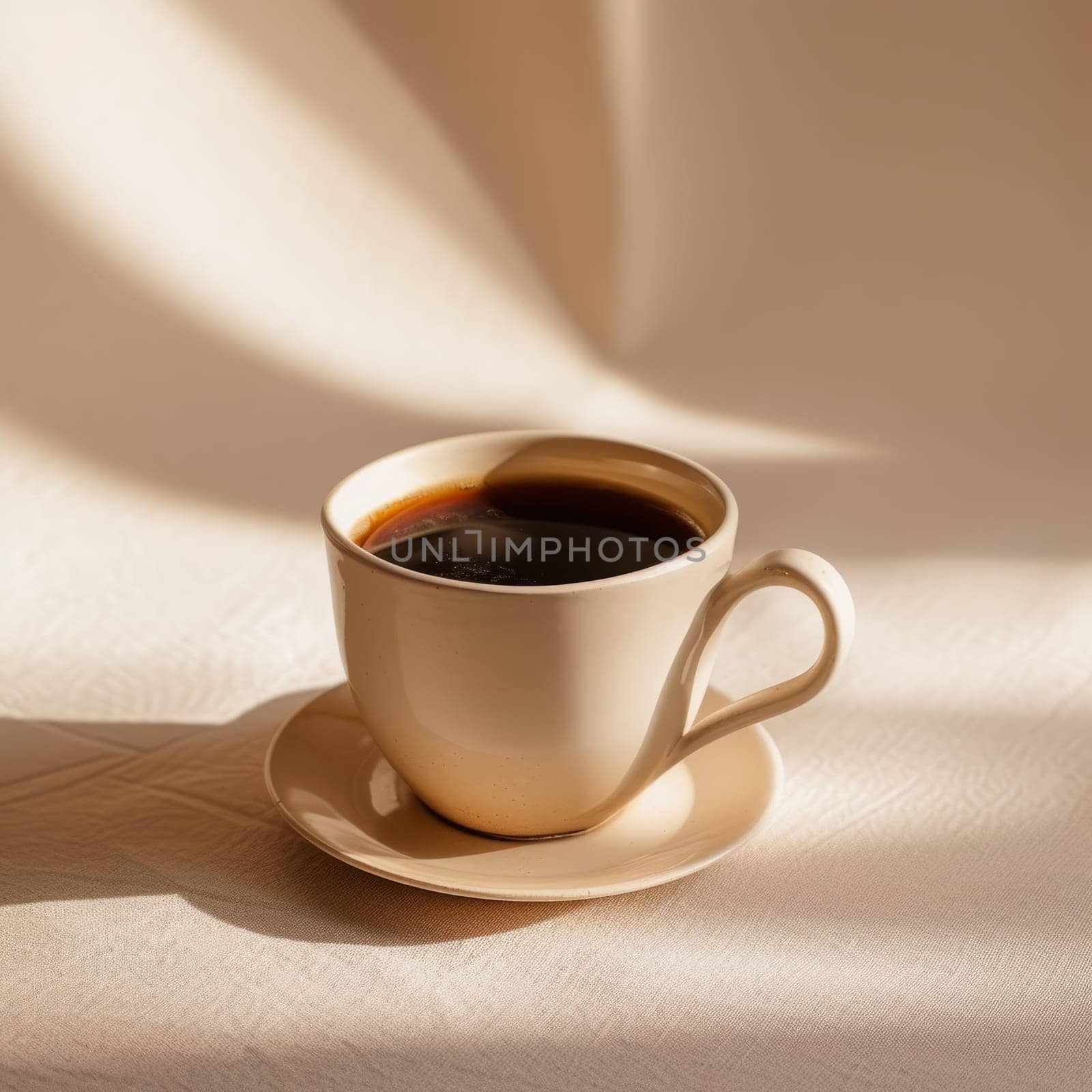 A warm cup of coffee bathed in soft sunlight, casting gentle shadows and highlights on a smooth surface